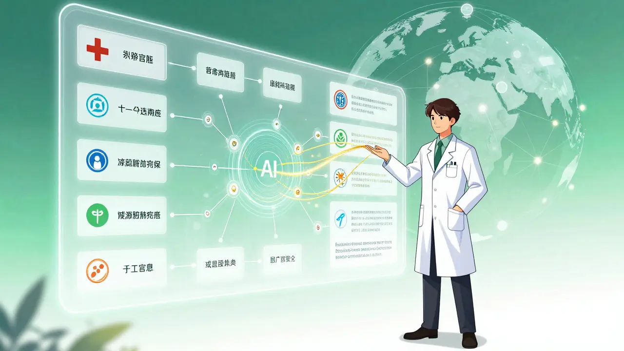 Scientist using AI technology to unify global drug regulations in a futuristic manhua setting.