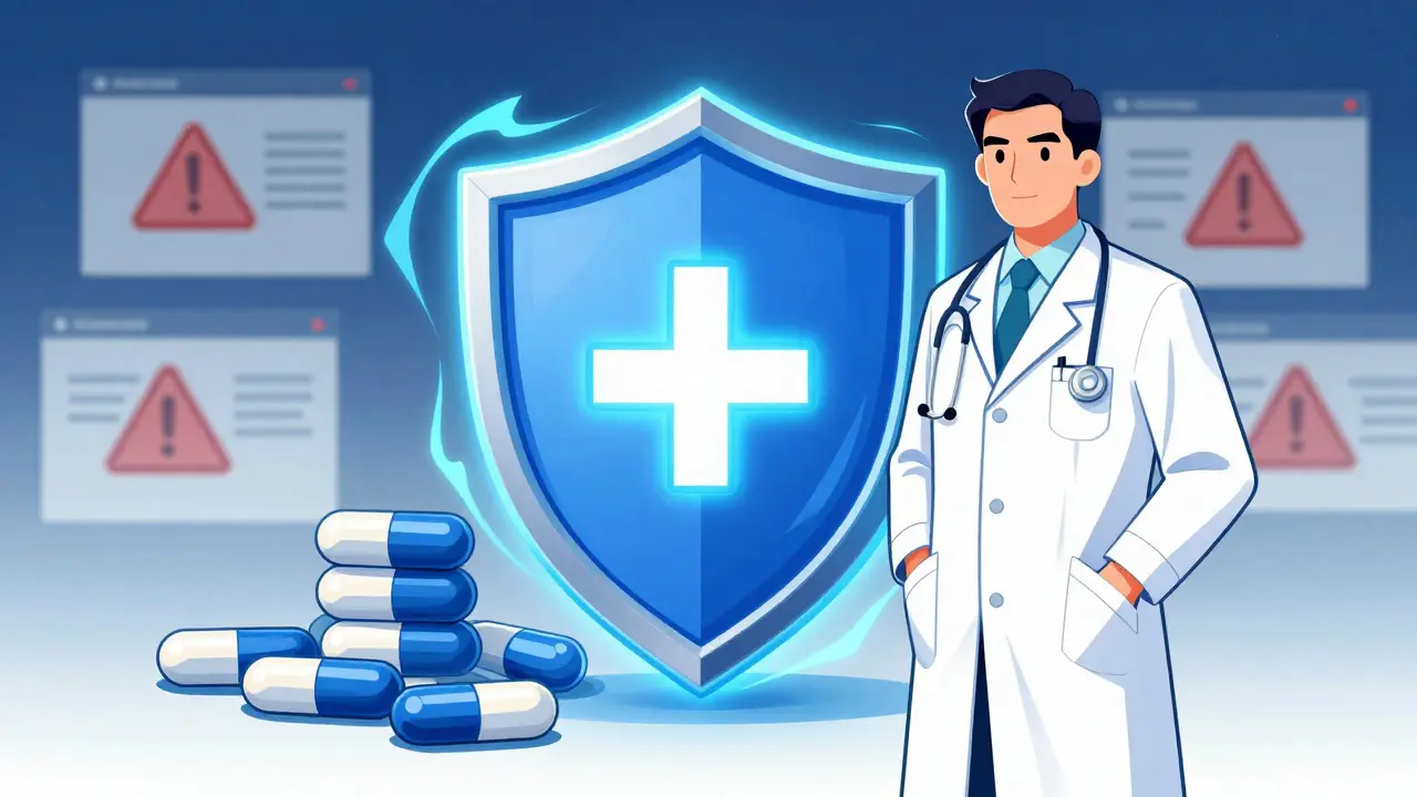 Shield protecting antibiotics from online pharmacy scams