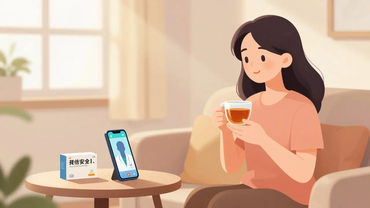 Woman relaxing with prescribed medication after telehealth visit
