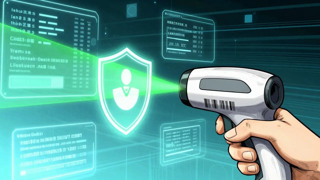 Barcode scanner and digital shield representing medication safety technology