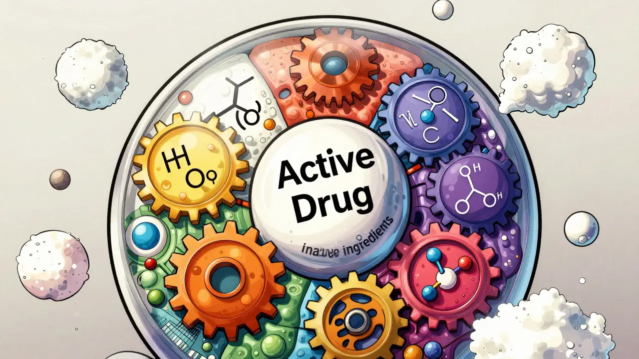 Conceptual art showing pill fillers surrounding active drug