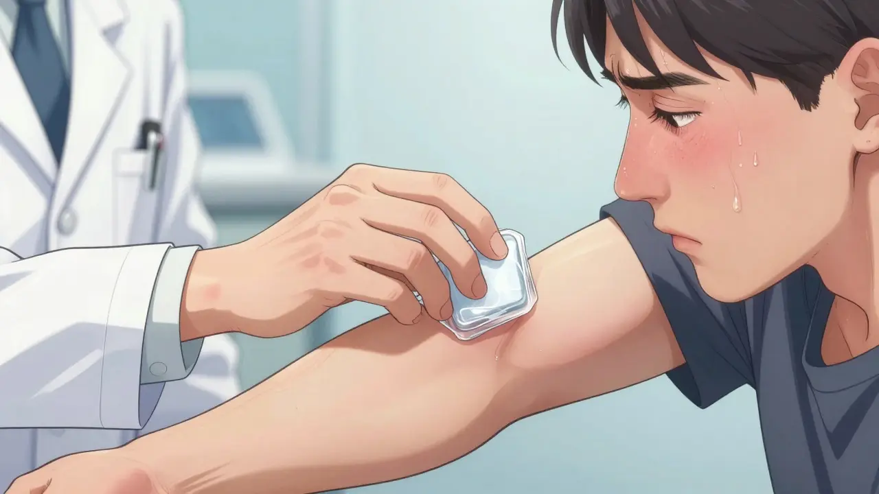 Doctor performing an ice cube test on a patient's forearm for diagnosis
