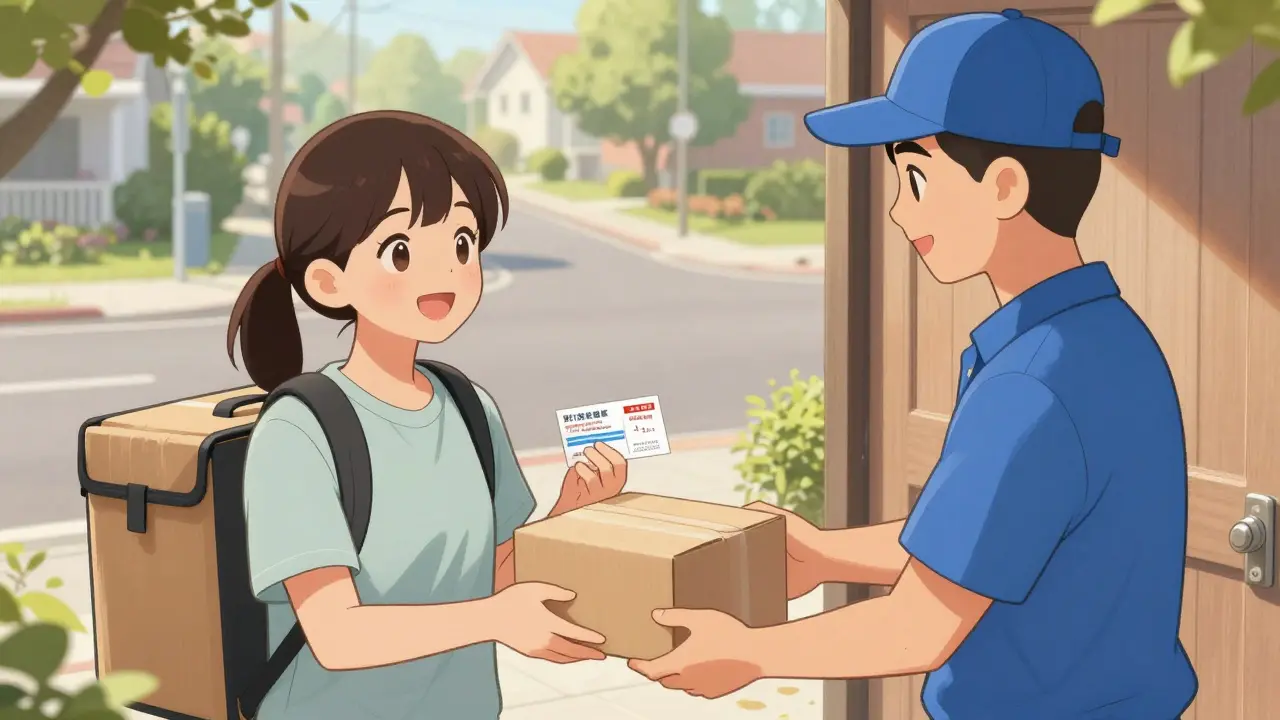 Patient receiving medication delivery package at home