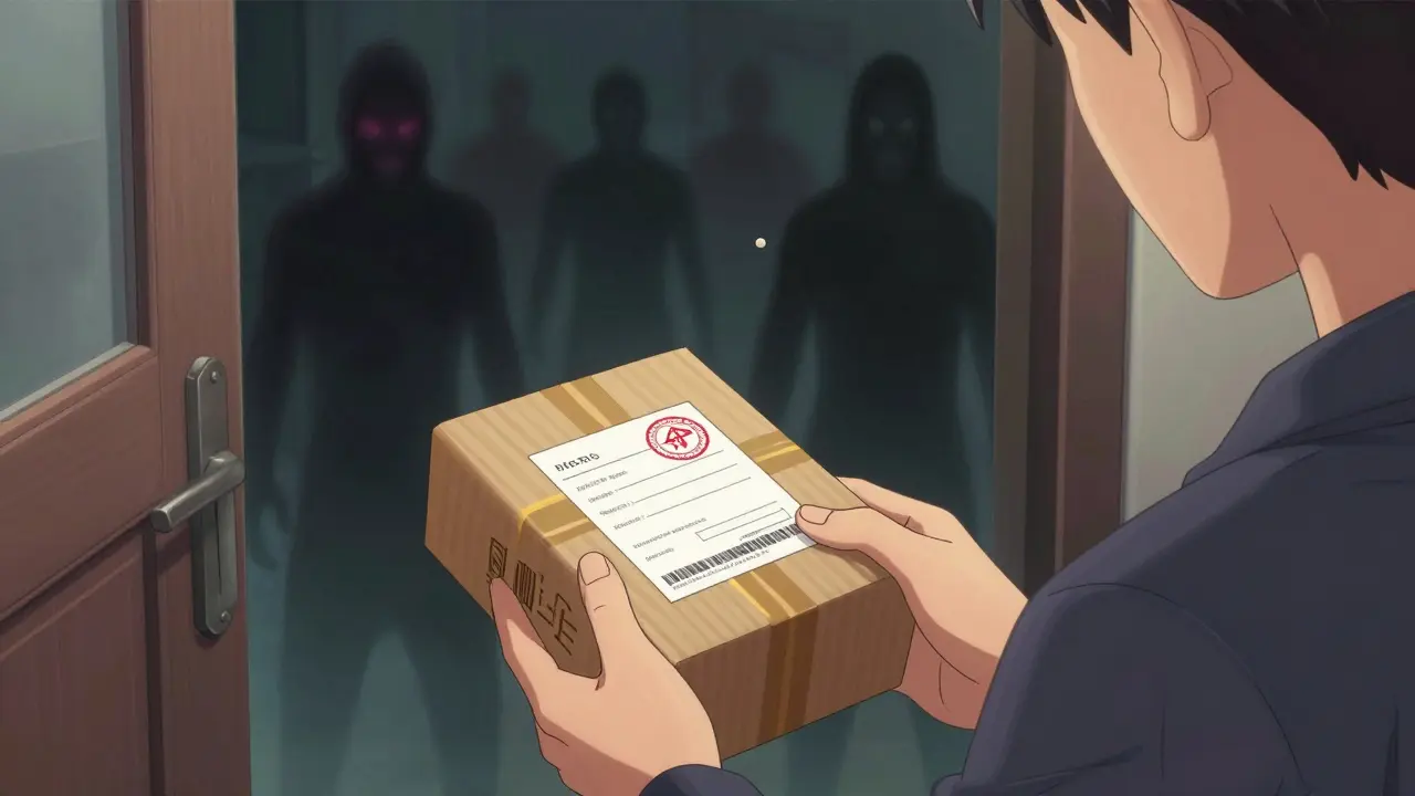 Person safely receiving verified generic medication package at home