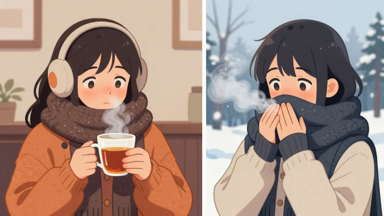 Person staying warm with layers and a scarf to prevent cold hives