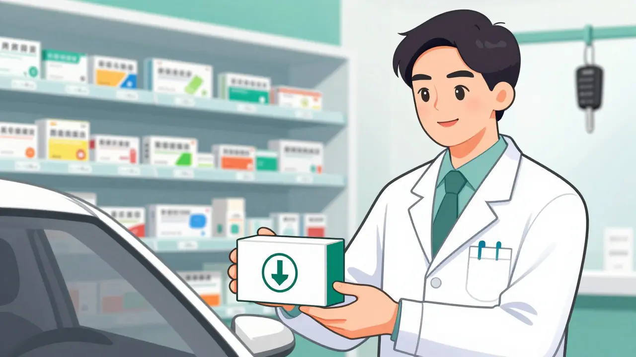 Pharmacist giving safe allergy meds to a confident driver