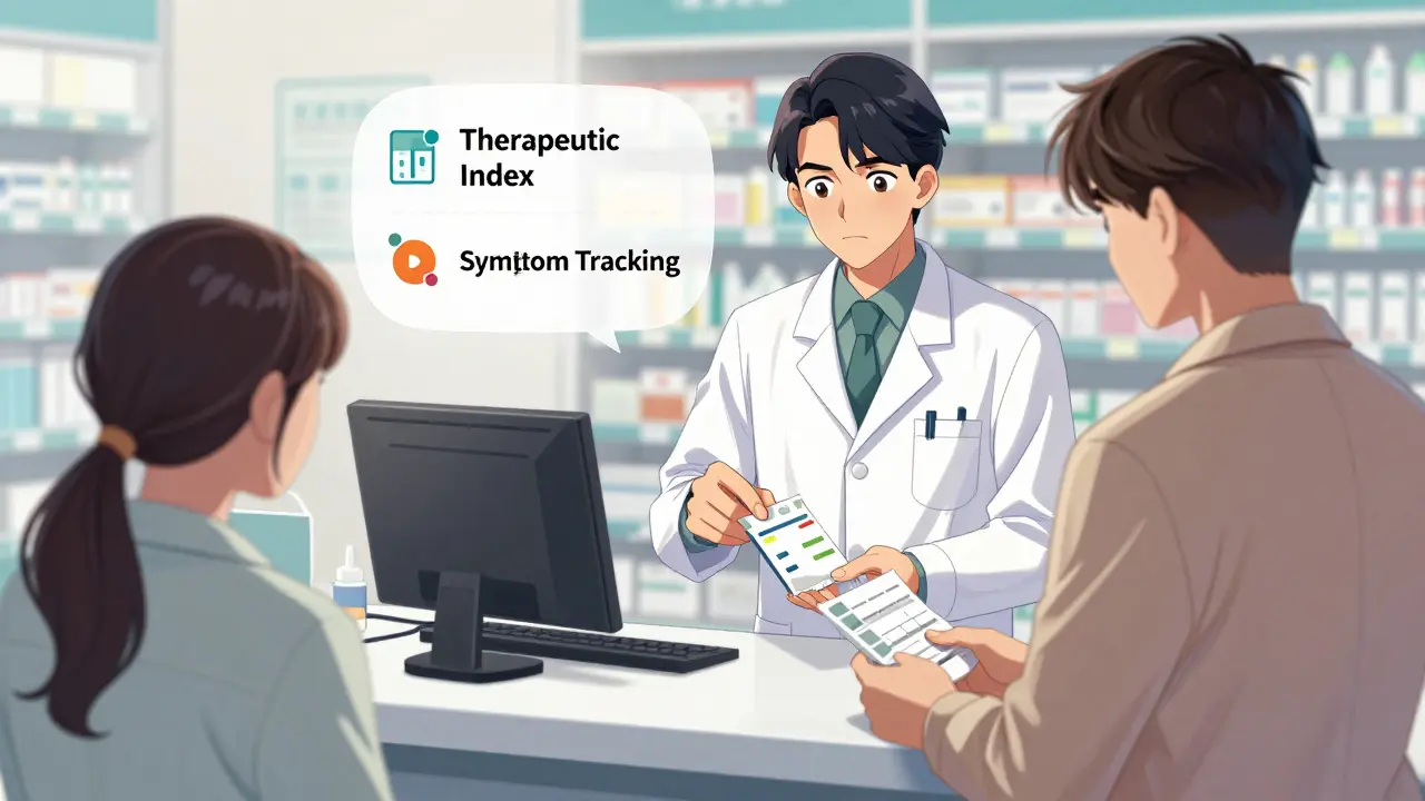 Pharmacist handing medication to cautious customer