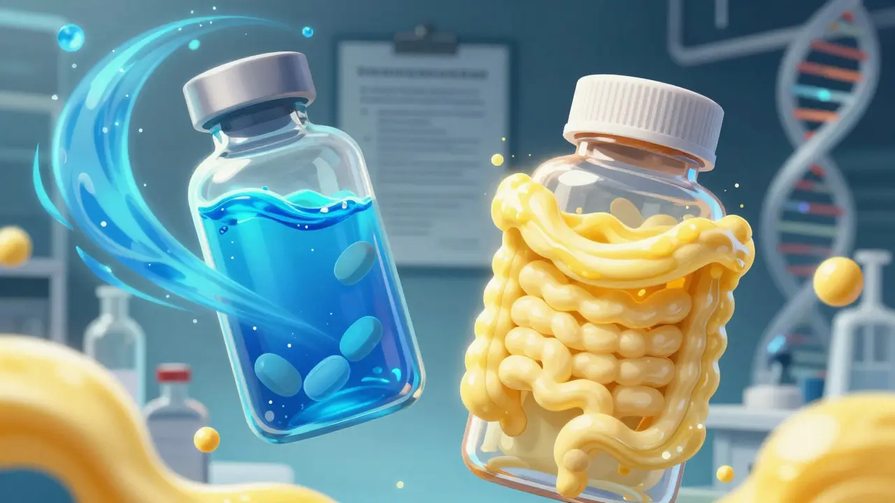 Pills dissolving in blue and yellow fluids representing test states