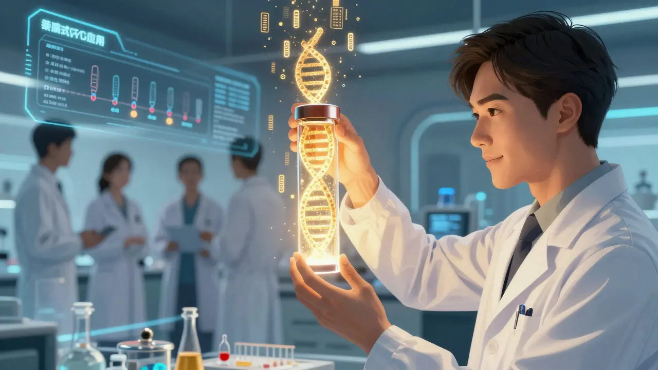 Scientist analyzing blood test for personalized cancer care