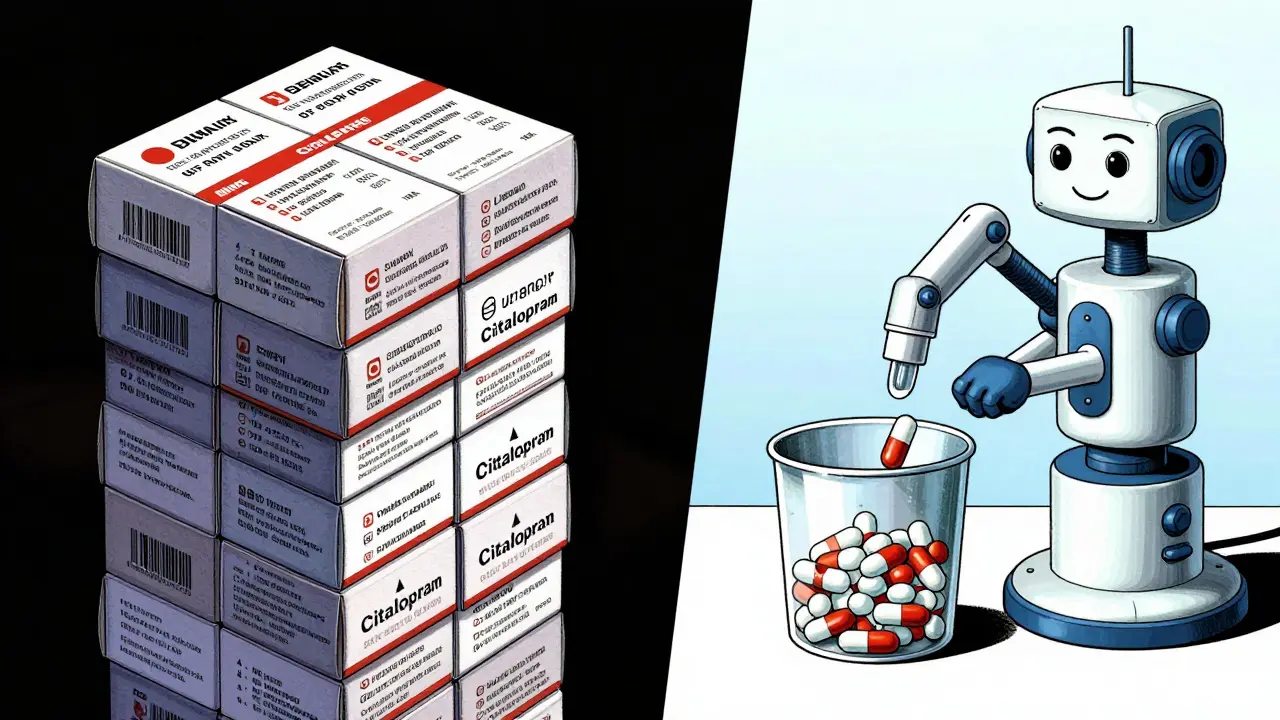 Visual comparison of expensive brand drug vs cheap generic pills