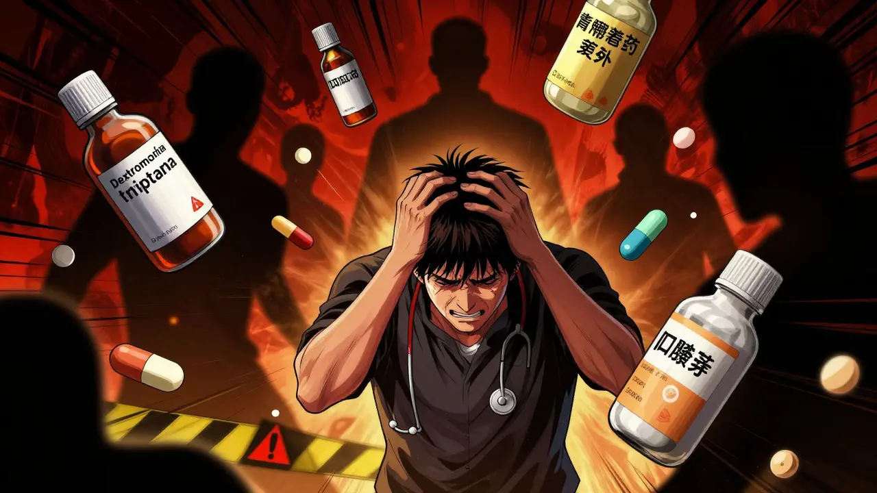 Character in distress surrounded by dangerous drug silhouettes