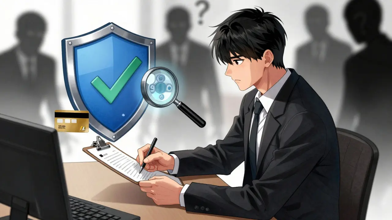 Character verifying online pharmacy safety with shield and checklist
