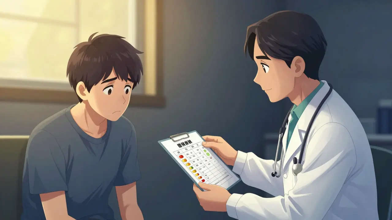 Clinician supporting patient with simplified chart in warm, hopeful lighting