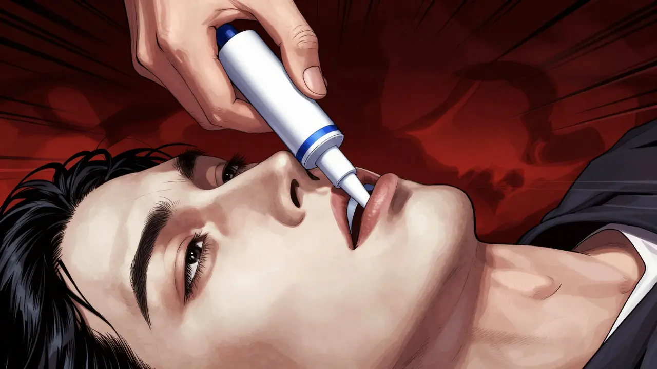 Close up of hand administering nasal naloxone spray to patient