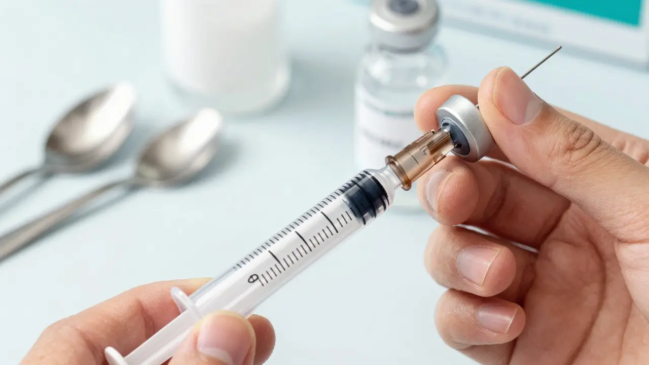 Close-up of precise oral syringe versus inaccurate household spoons