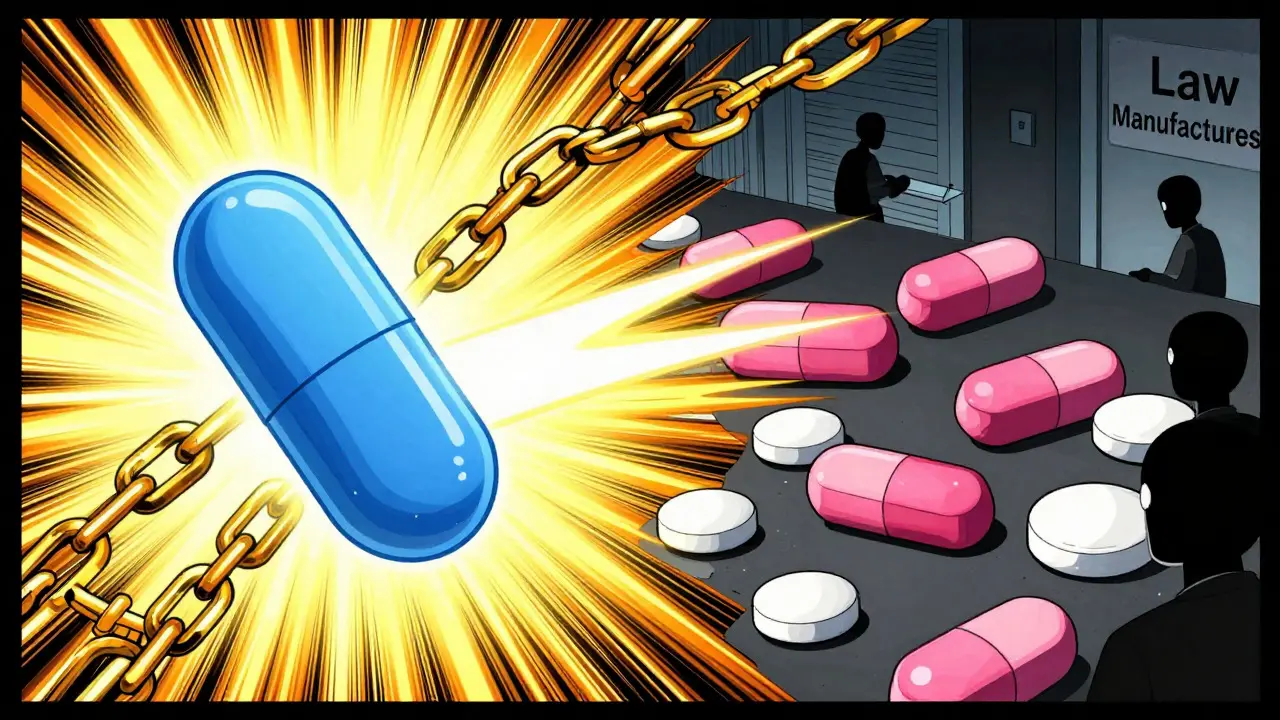 Conceptual art showing trademark laws separating brand and generic pills.