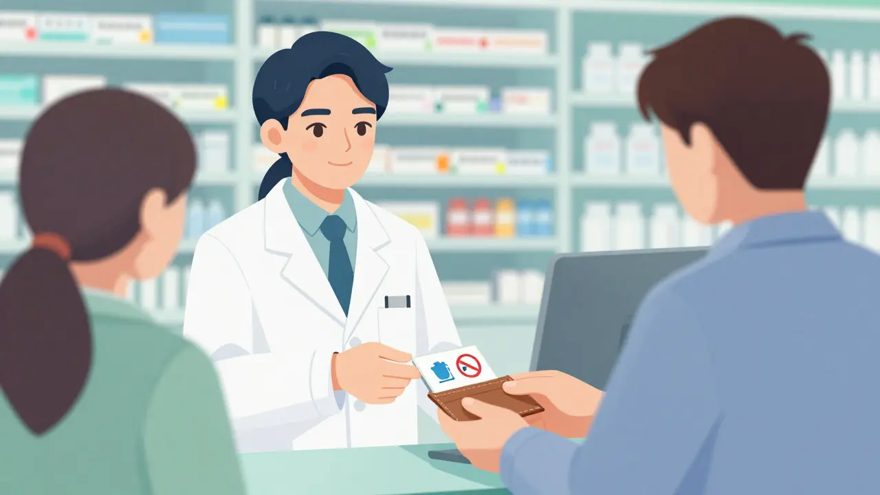 Doctor handing safety card to patient at pharmacy counter