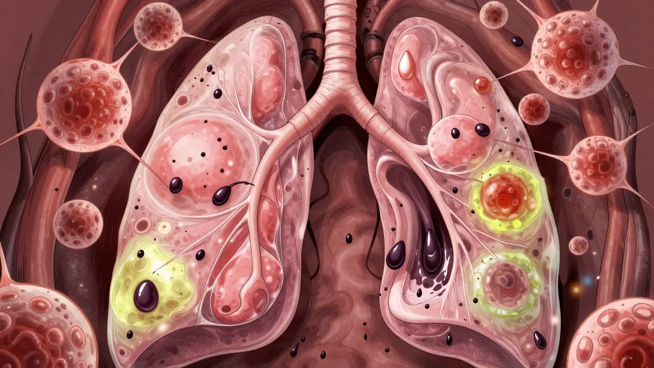 Illustration of lung cells damaged by oily vaping substances