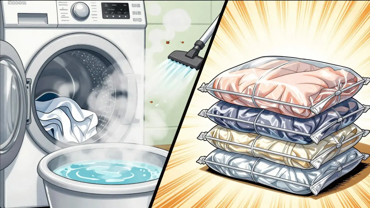 Laundry in washer and sealed bags for parasite prevention