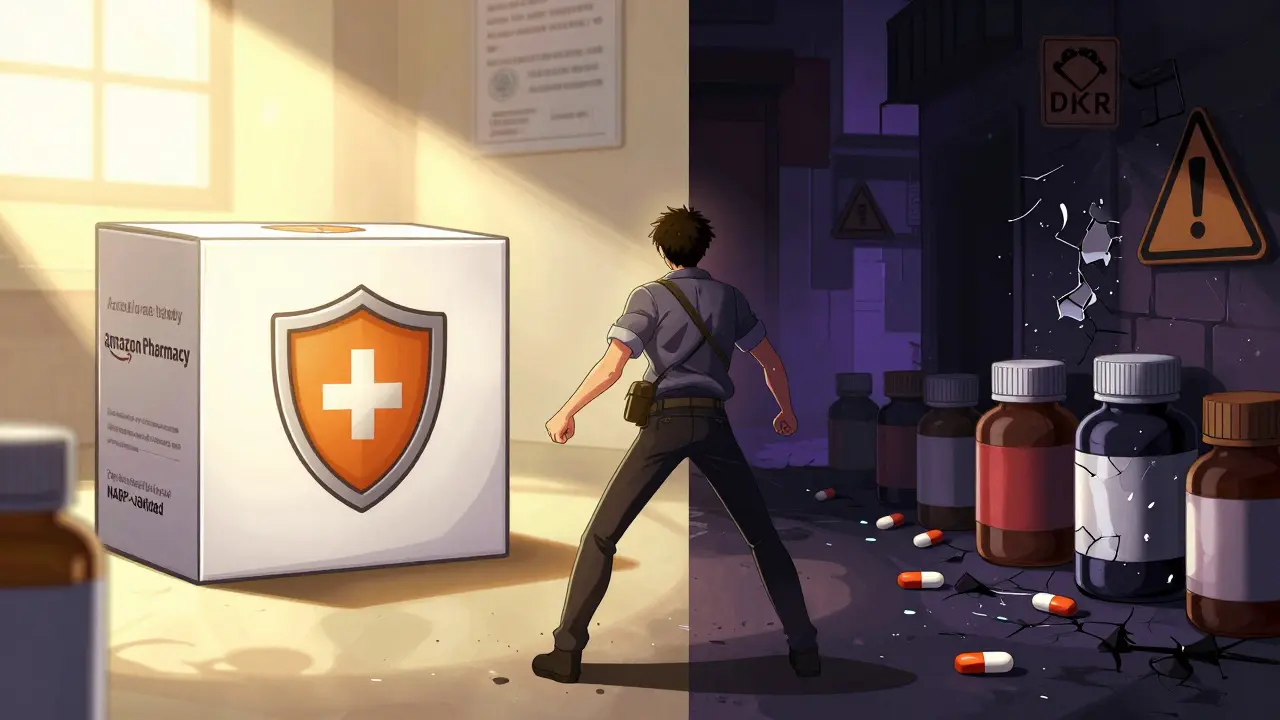 Manhua art comparing safe pharmacy vs dangerous fake meds