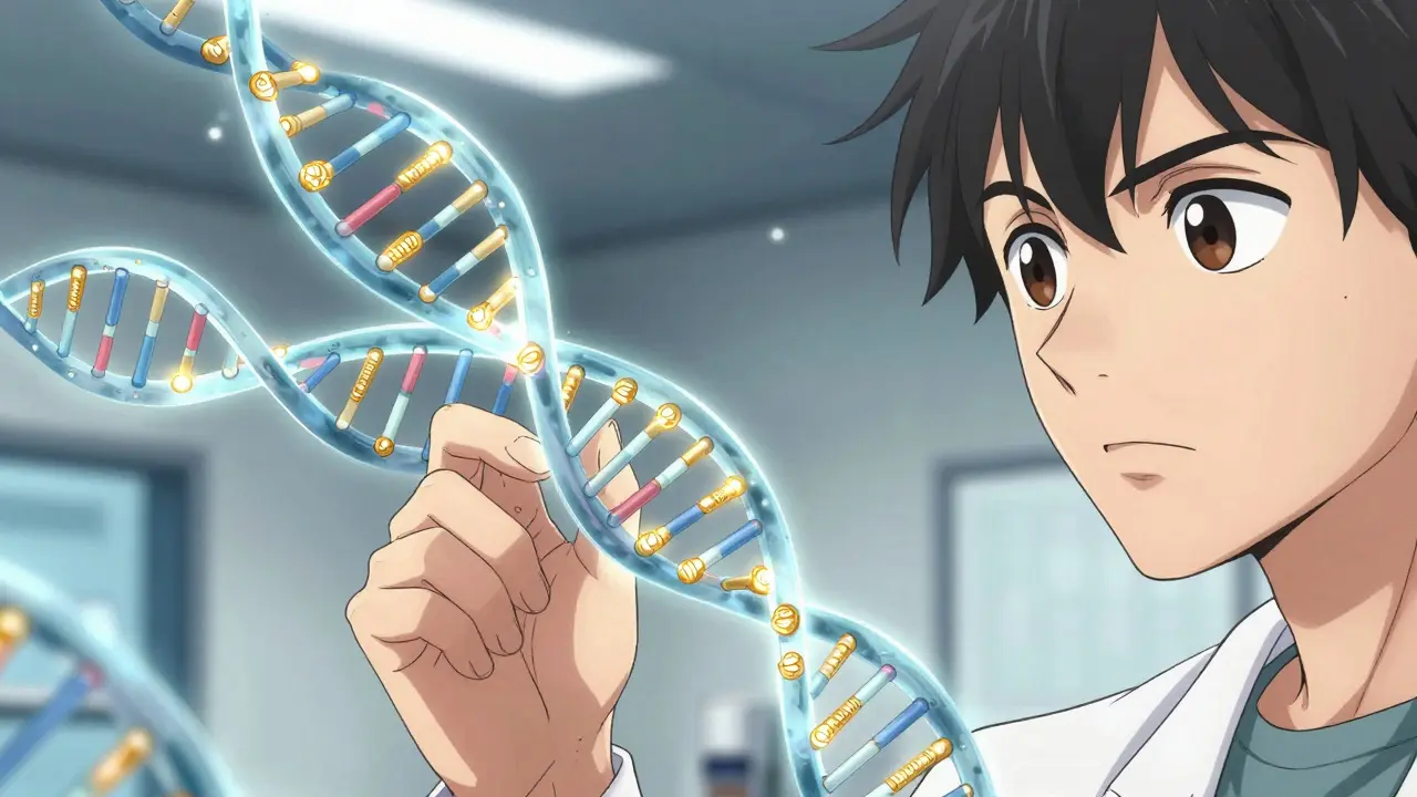 Manhua artist holding a glowing DNA strand showing genetic mutations