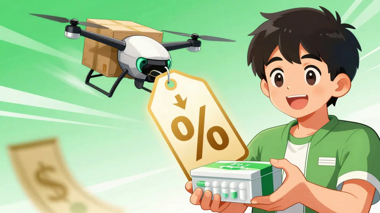 Manhua style character receiving discounted medication via delivery service