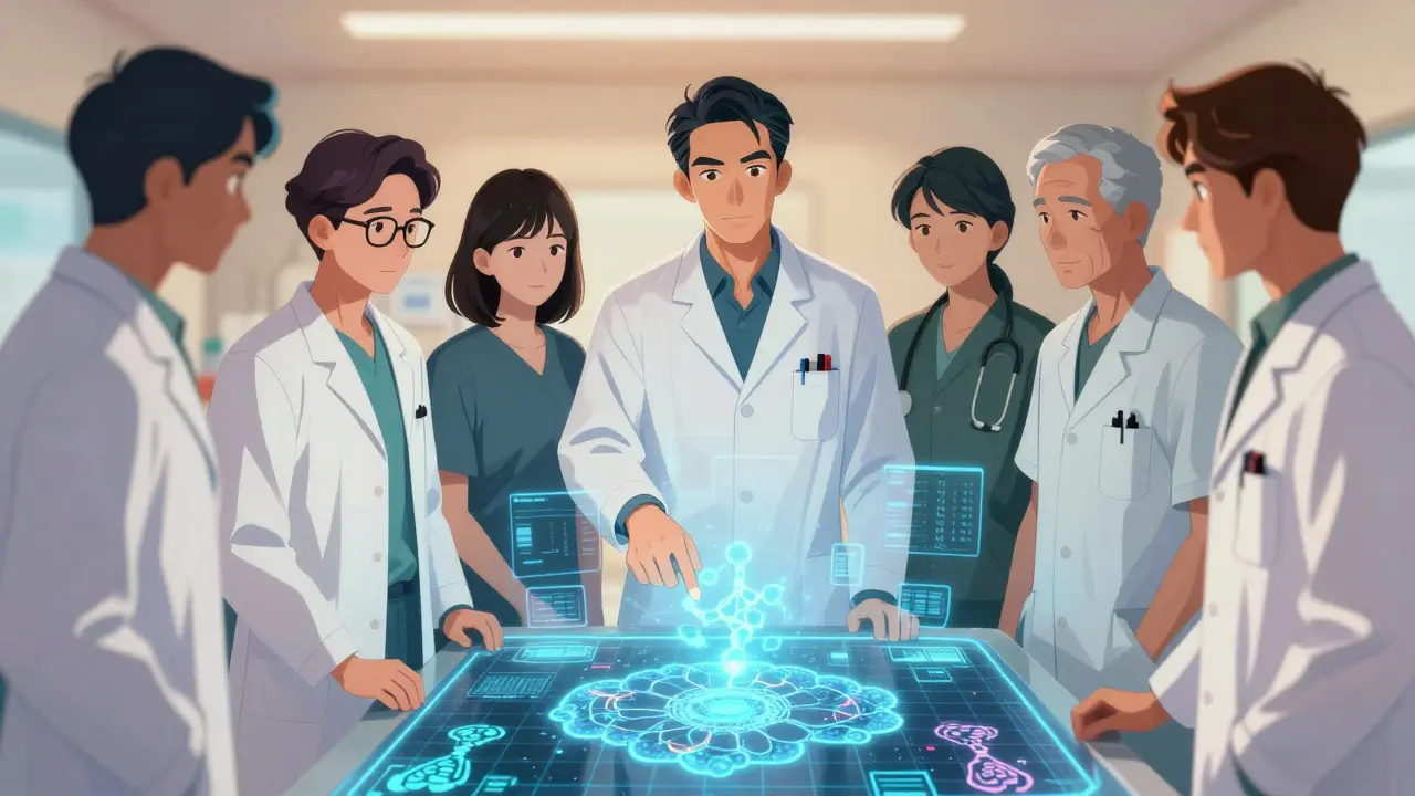 Medical team analyzing holographic genomic data in a modern lab