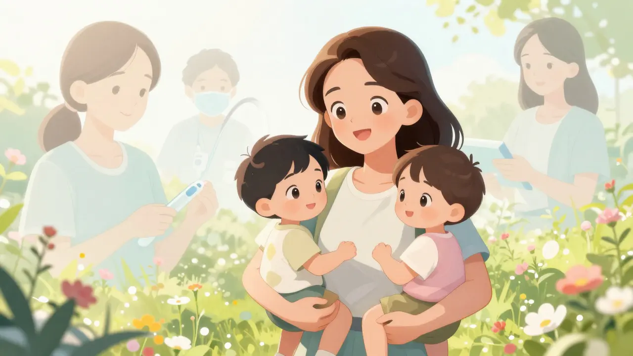 Mother holding children after successful fertility preservation journey
