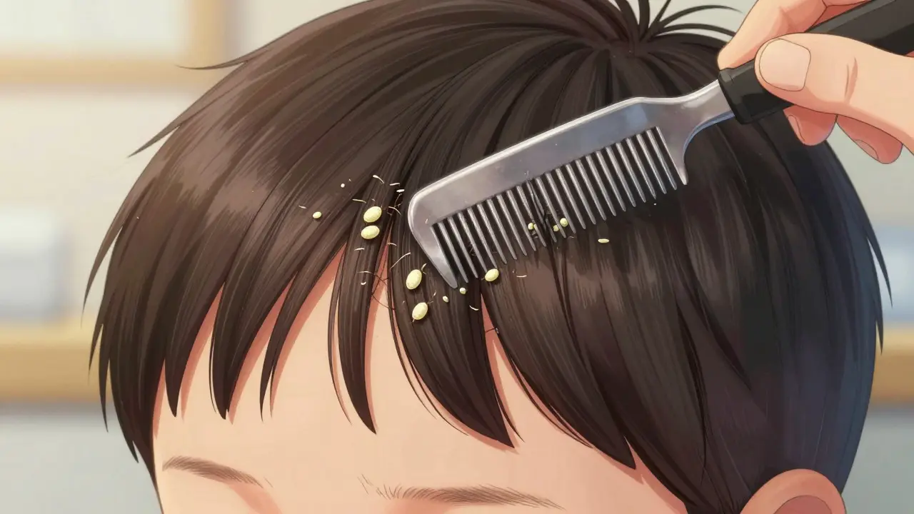 Nit comb removing lice eggs from child's hair shafts