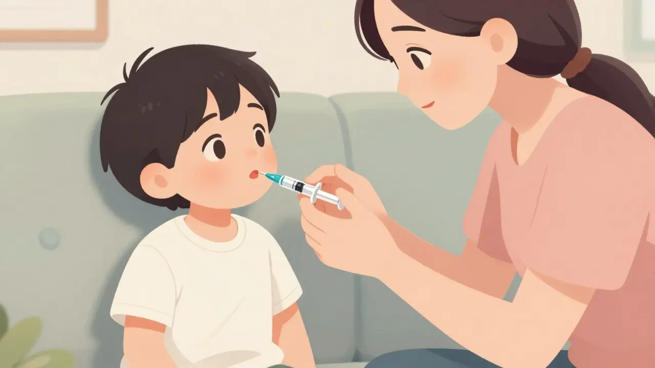 Parent gently administering medicine to child's inner cheek