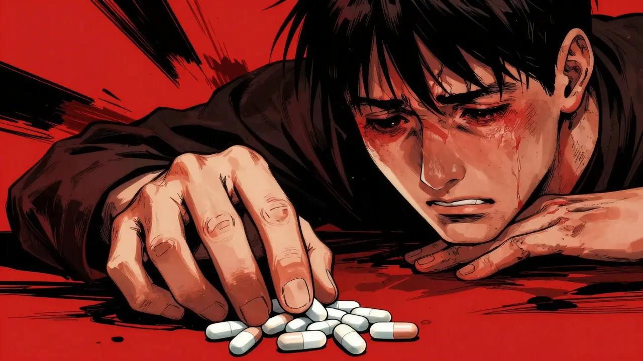 Patient overwhelmed by spilled pills and abstract shapes symbolizing severe side effects