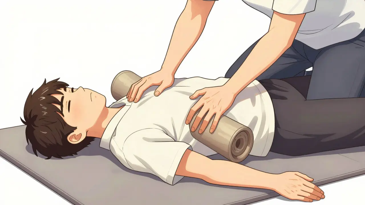 Person placing unconscious victim in recovery position on floor