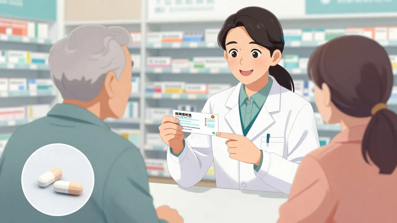 Pharmacist reassuring a patient about generic medication differences.