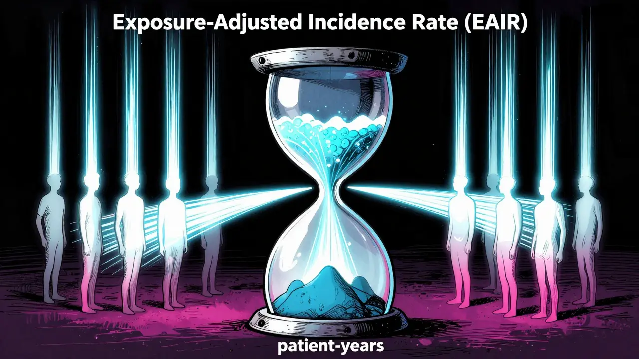 Stylized manhua art visualizing exposure-adjusted incidence rate, balancing patient counts against total time on medication.