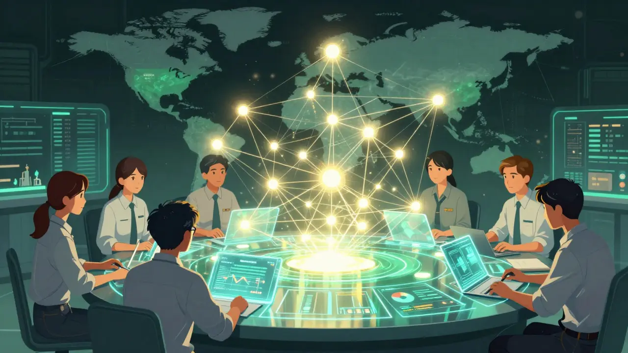 Team analyzing predictive quality data on holograms