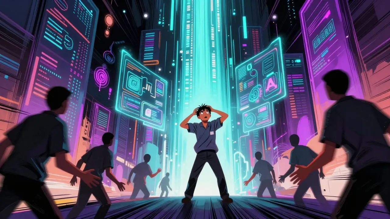 Worker overwhelmed by complex digital AI interfaces