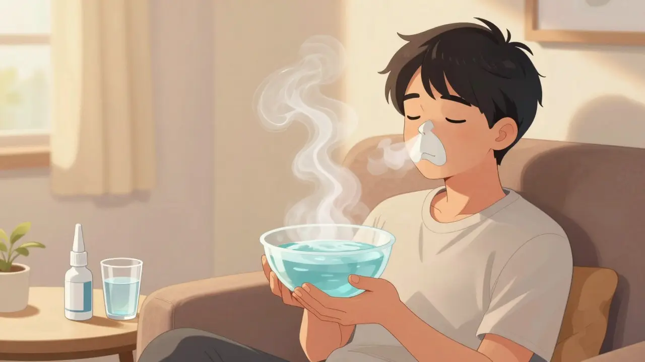 A person relaxing while inhaling steam from a bowl of hot water