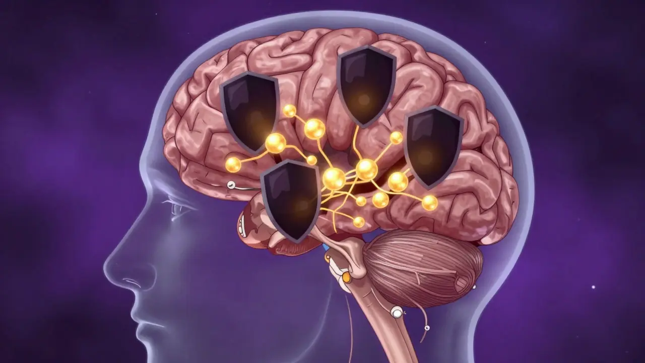 Abstract brain illustration showing dopamine receptors being blocked