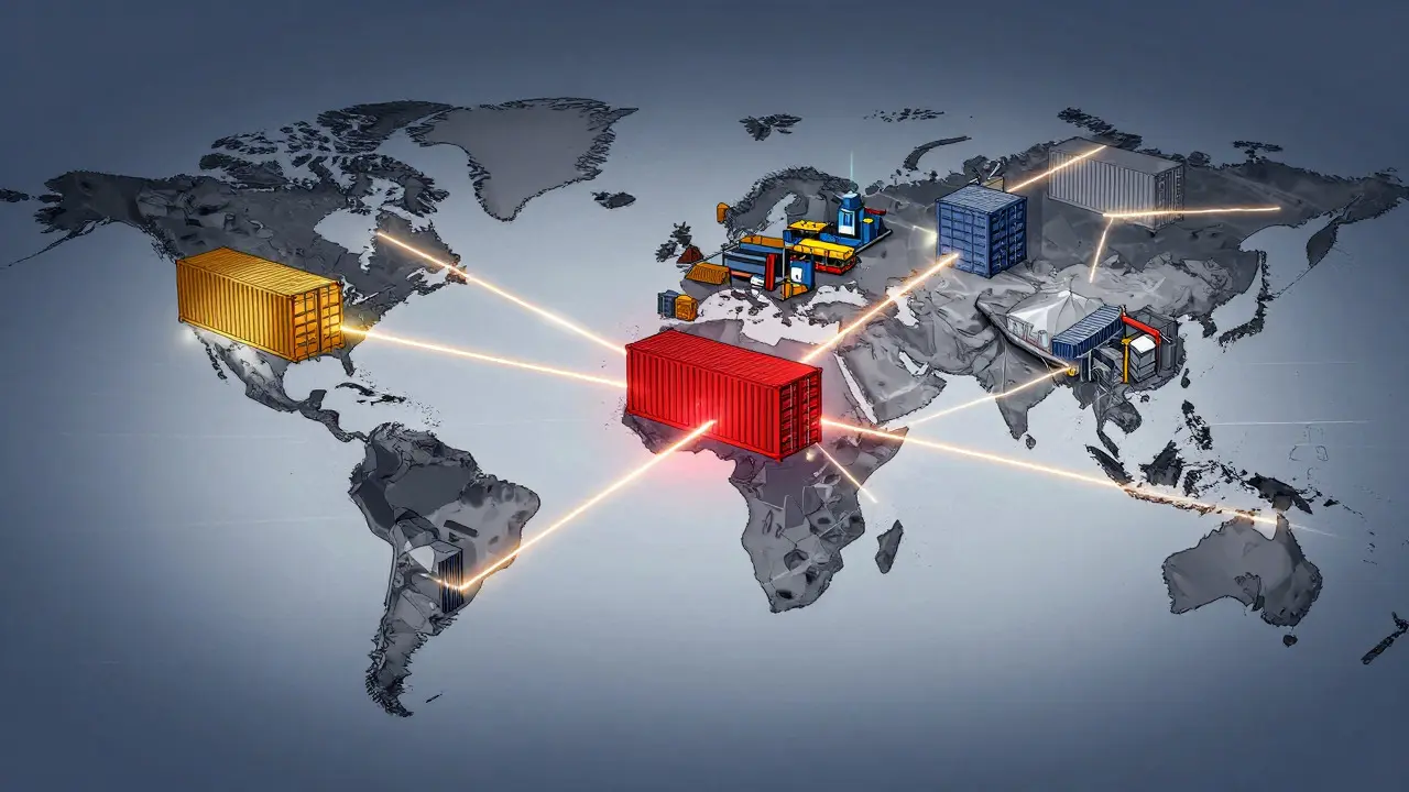 Abstract visualization of fragile global pharmaceutical supply chain