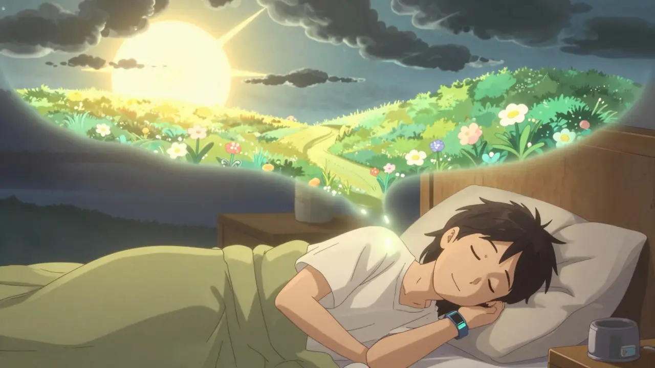 Anime depiction of peaceful sleep with a visual metaphor for rewriting nightmares