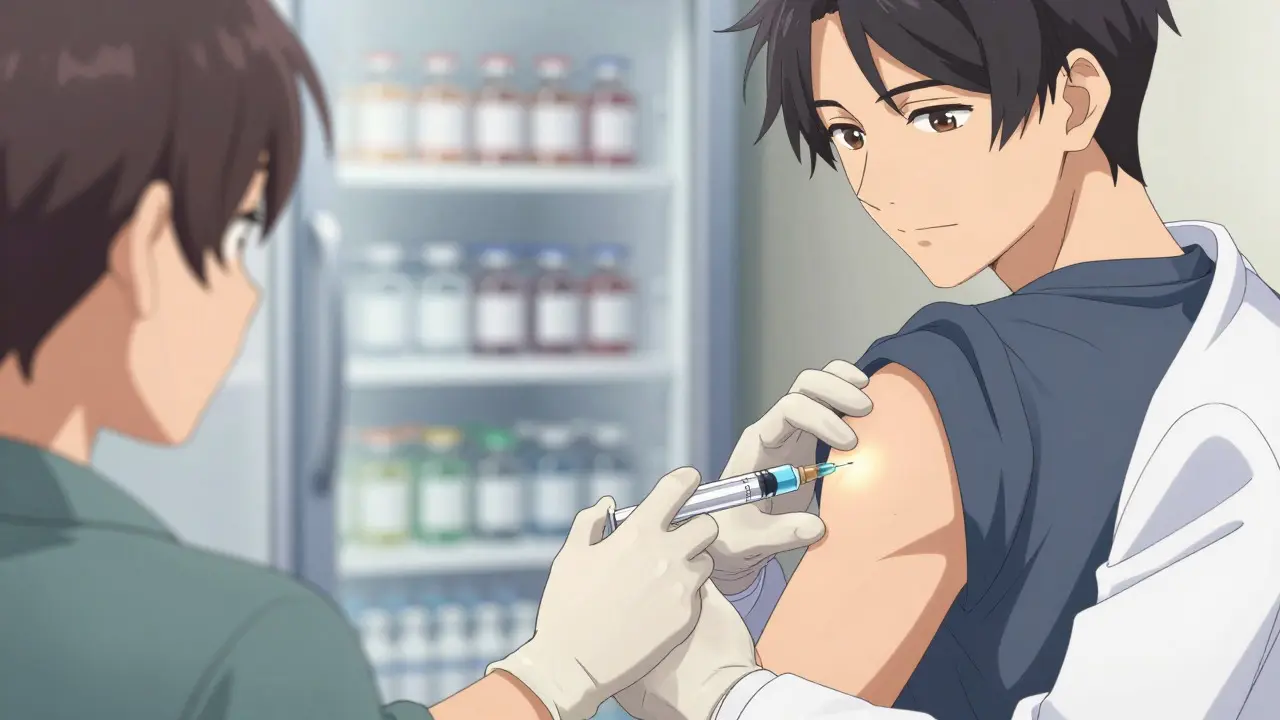Close-up of a pharmacist administering a flu shot to a patient's arm