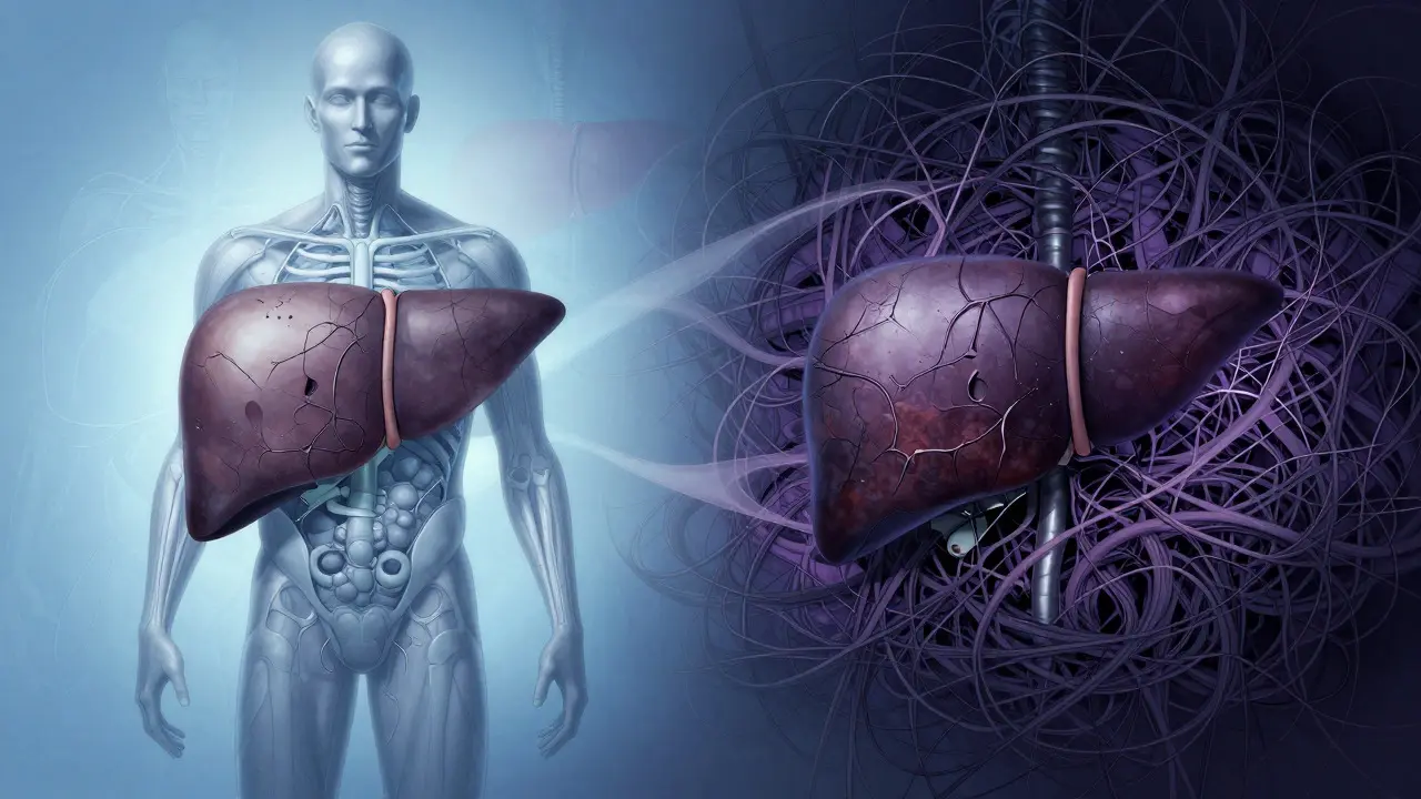 Conceptual art showing the contrast between stable and failed liver stages.