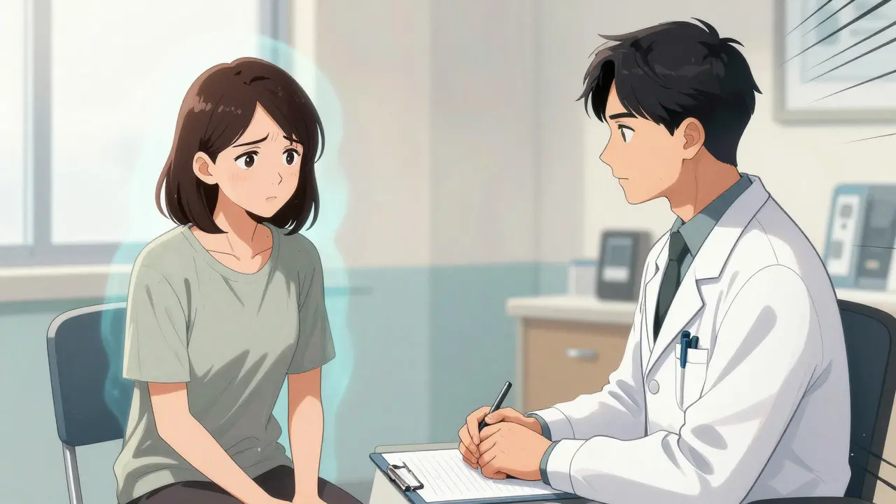 Female patient feeling unheard by doctor during medical consultation