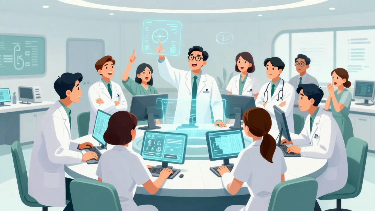 Healthcare team collaborating in control room to manage shortages