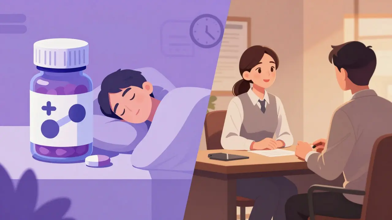 Manhua art comparing a pill bottle for sleep with a therapy session