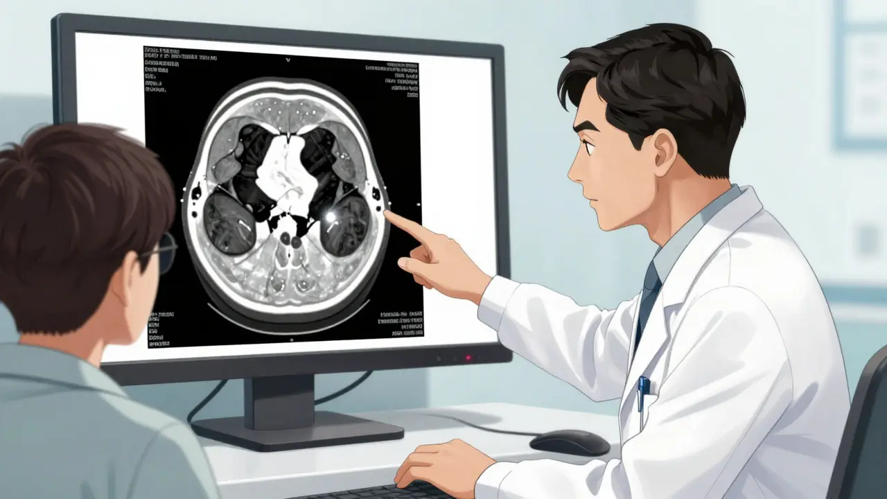 Manhua style scene of a doctor reviewing an orbital CT scan with a patient in a clinic.