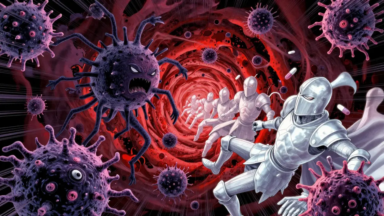 Microscopic battle between bacteria and weak antibiotics