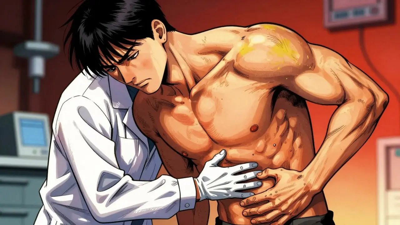 Patient with jaundice and abdominal pain being examined by a doctor.