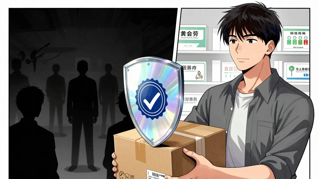 Person verifying safe online pharmacy package against scams