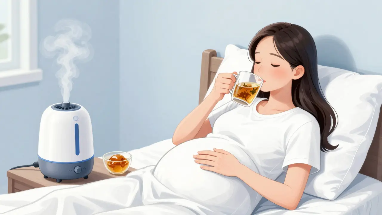 Pregnant woman resting with tea and humidifier for relief